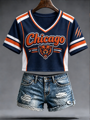 Women's Chicago Football Lover Bear Art Printed short-sleeved T-shirt gracestitchs