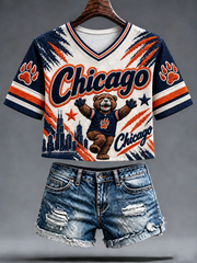 Women's Chicago Football Lover Bear Art Printed short-sleeved T-shirt gracestitchs