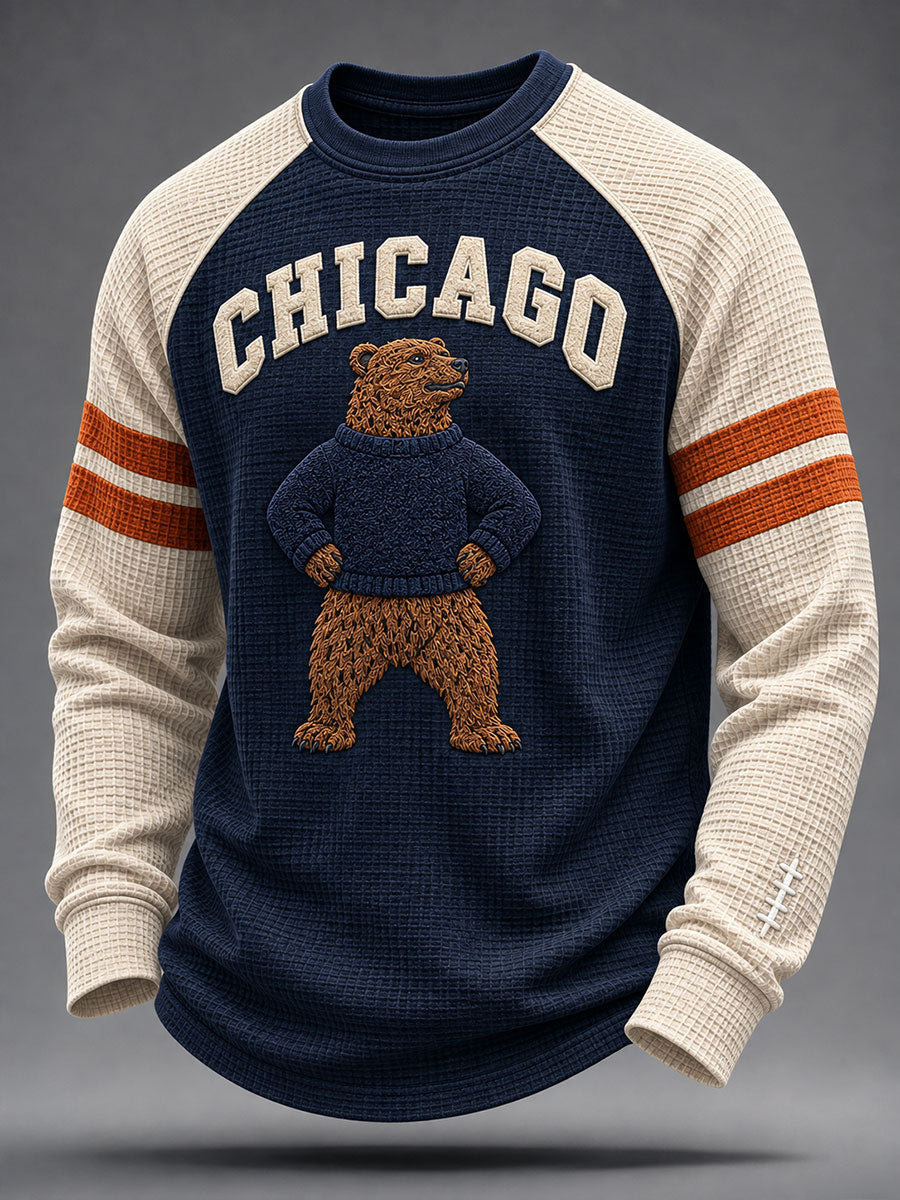 Men's Chicago Football Lover Bear Art Printed Waffle Sweatshirt gracestitchs