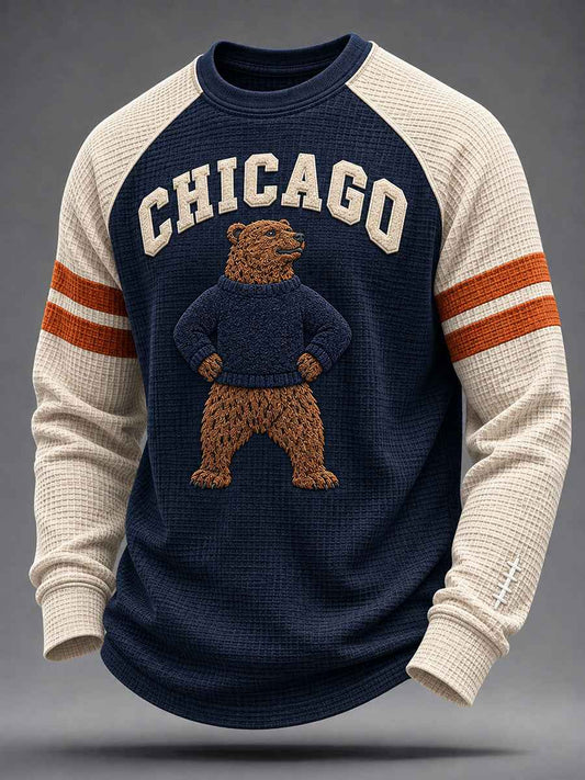 Men's Chicago Football Lover Bear Art Printed Waffle Sweatshirt