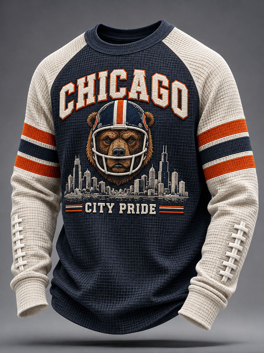 Men's Chicago Football Lover Bear Art Printed Waffle Sweatshirt gracestitchs