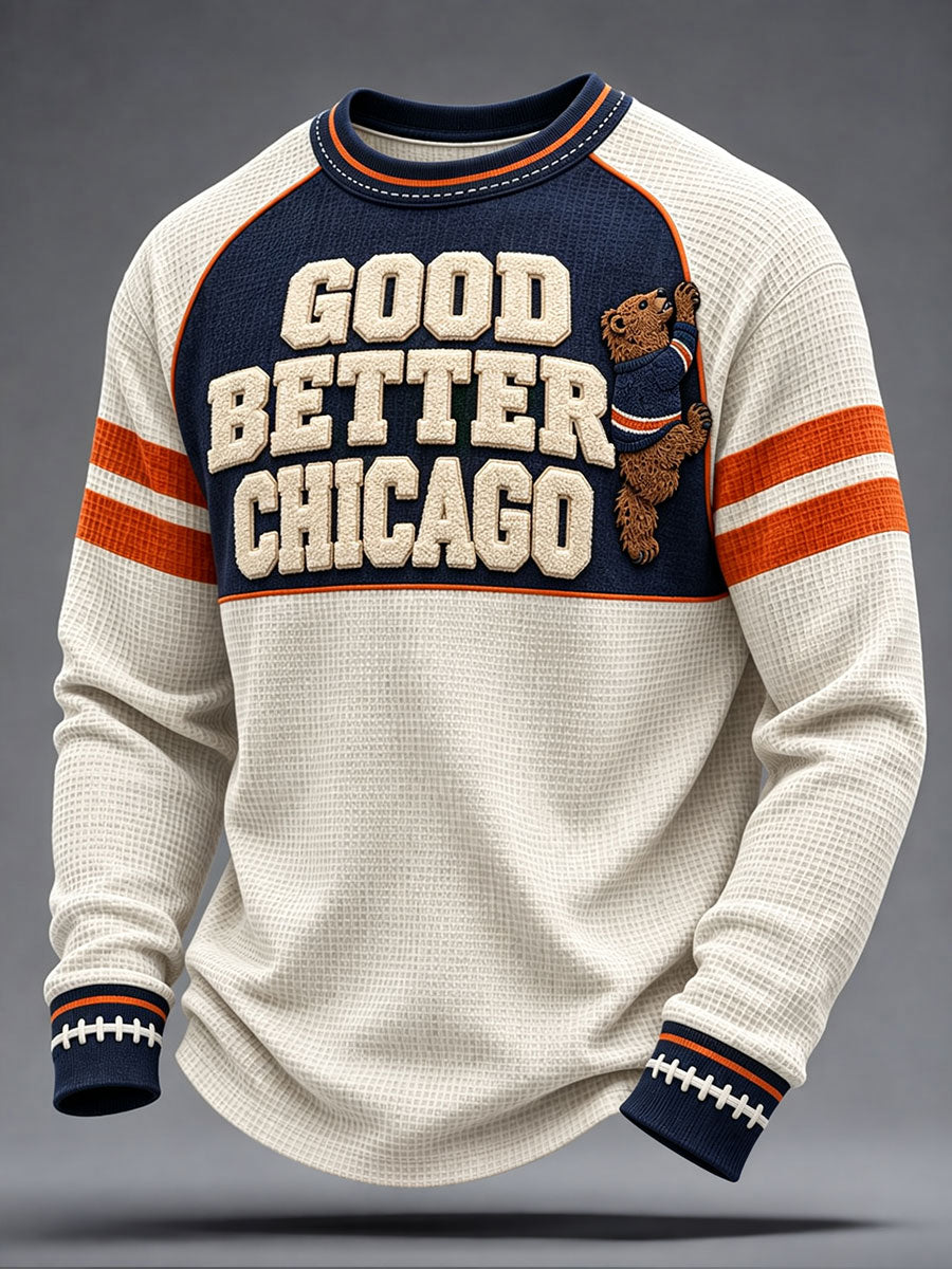 Men's Chicago Football Lover Bear Art Printed Waffle Sweatshirt gracestitchs