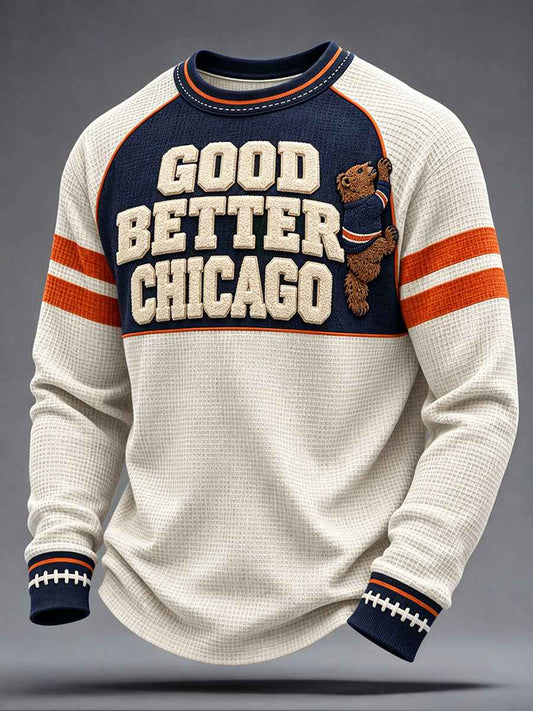 Men's Chicago Football Lover Bear Art Printed Waffle Sweatshirt