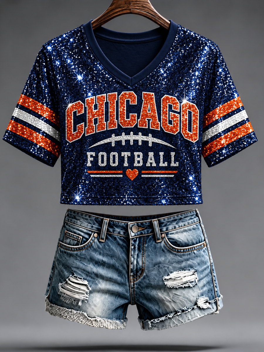 Women's Chicago Football Lover Bear Art Printed short-sleeved T-shirt gracestitchs