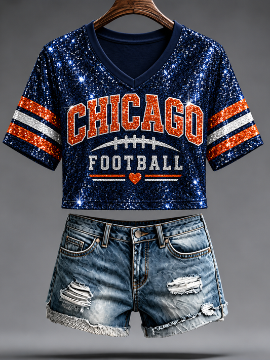 Women's Chicago Football Lover Bear Art Printed short-sleeved T-shirt gracestitchs