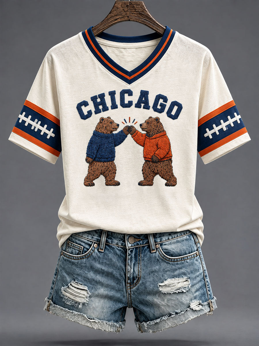 Women's Chicago Football Lover Bear Art Printed T-shirt gracestitchs