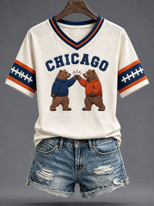 Women's Chicago Football Lover Bear Art Printed T-shirt gracestitchs