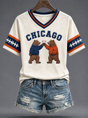 Women's Chicago Football Lover Bear Art Printed T-shirt gracestitchs