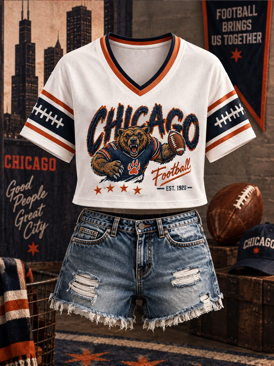 Women's Chicago Football Lover Bear Art Printed short-sleeved T-shirt gracestitchs