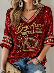Women's San Francisco Football Lover Printed Mid-length Sleeves V-Neck T-Shirt gracestitchs