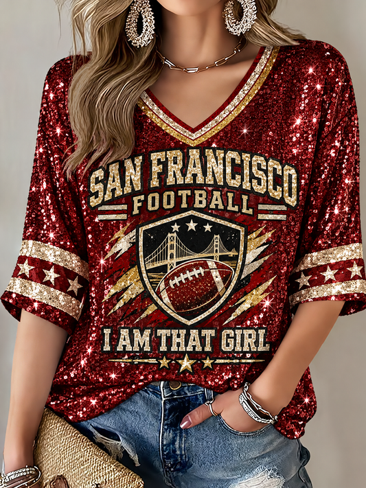 Women's San Francisco Football Lover Printed Mid-length Sleeves V-Neck T-Shirt gracestitchs