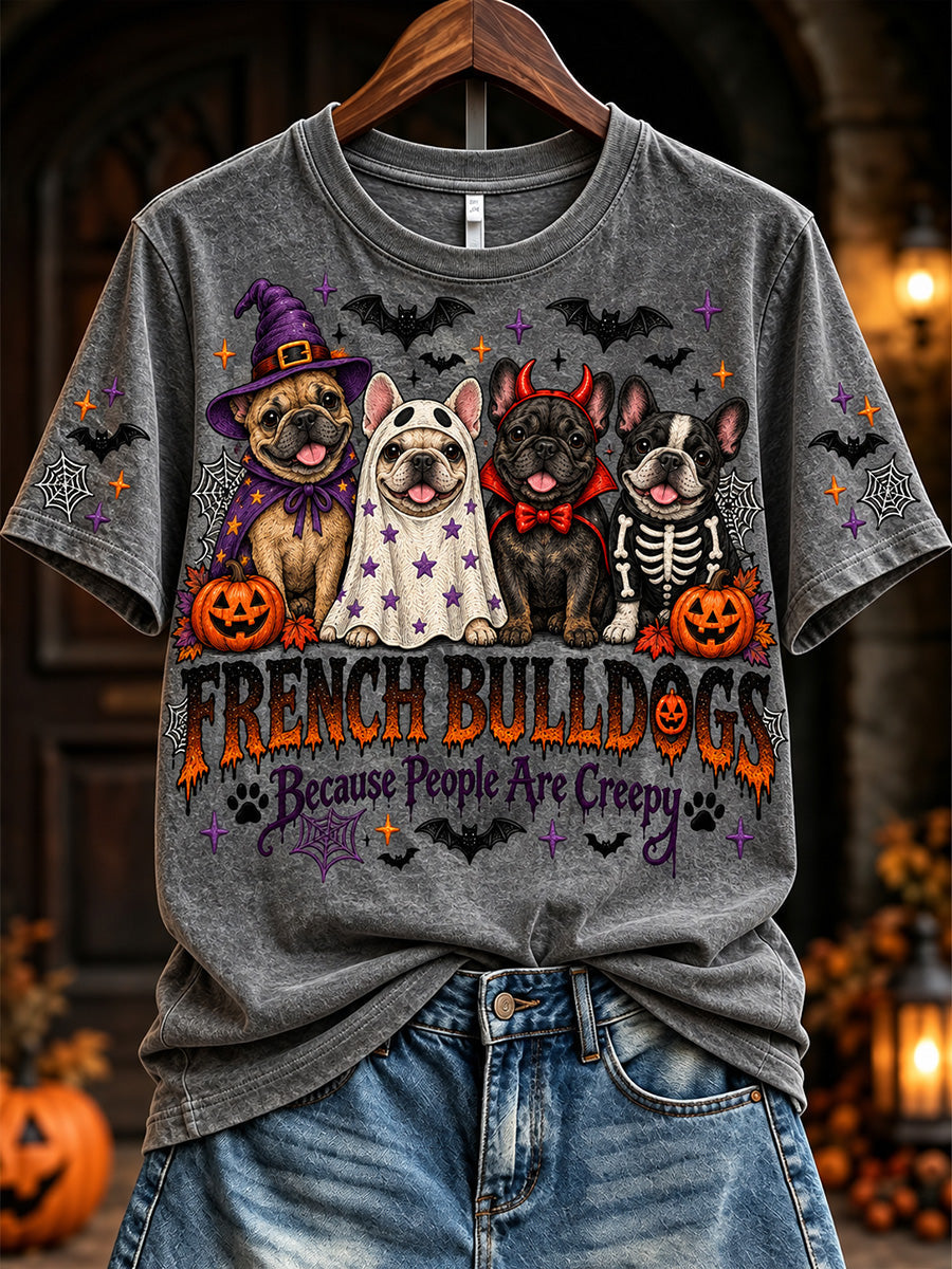 Women's Vintage Halloween French Bulldogs Because People Are Creepy Print Short-sleeved T-shirt gracestitchs