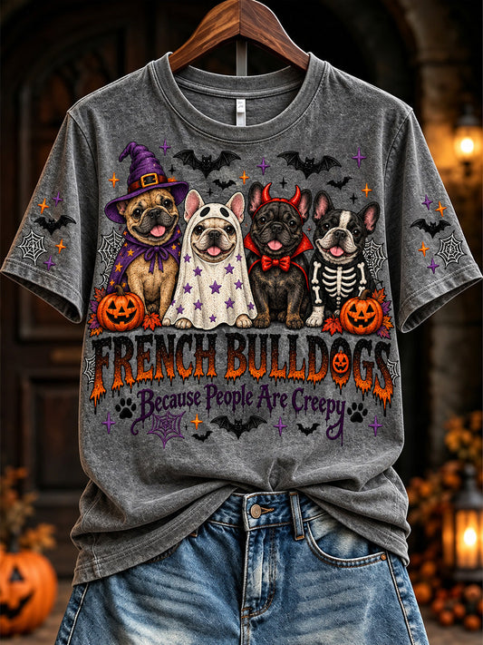 Women's Vintage Halloween French Bulldogs Because People Are Creepy Print Short-sleeved T-shirt gracestitchs