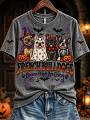 Women's Vintage Halloween French Bulldogs Because People Are Creepy Print Short-sleeved T-shirt gracestitchs