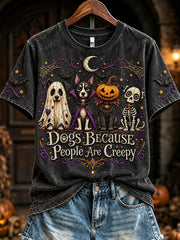 Women's Vintage Halloween Dogs Because People Are Creepy Print Short-sleeved T-shirt gracestitchs