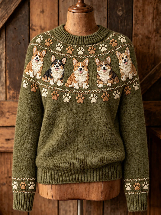 Women's Vintage Cute Corgi Dogs Yoke Isle Print Long-sleeved Sweater gracestitchs