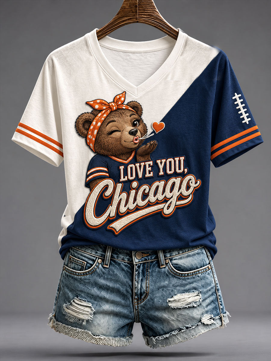 Women's Chicago Football Lover Bear Art Printed T-shirt gracestitchs