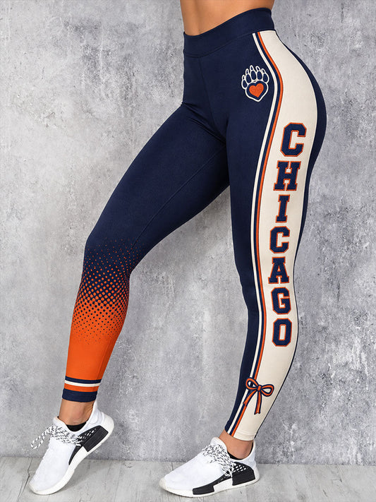 Women's Chicago Football Lover Bear Art Printed Leggings gracestitchs