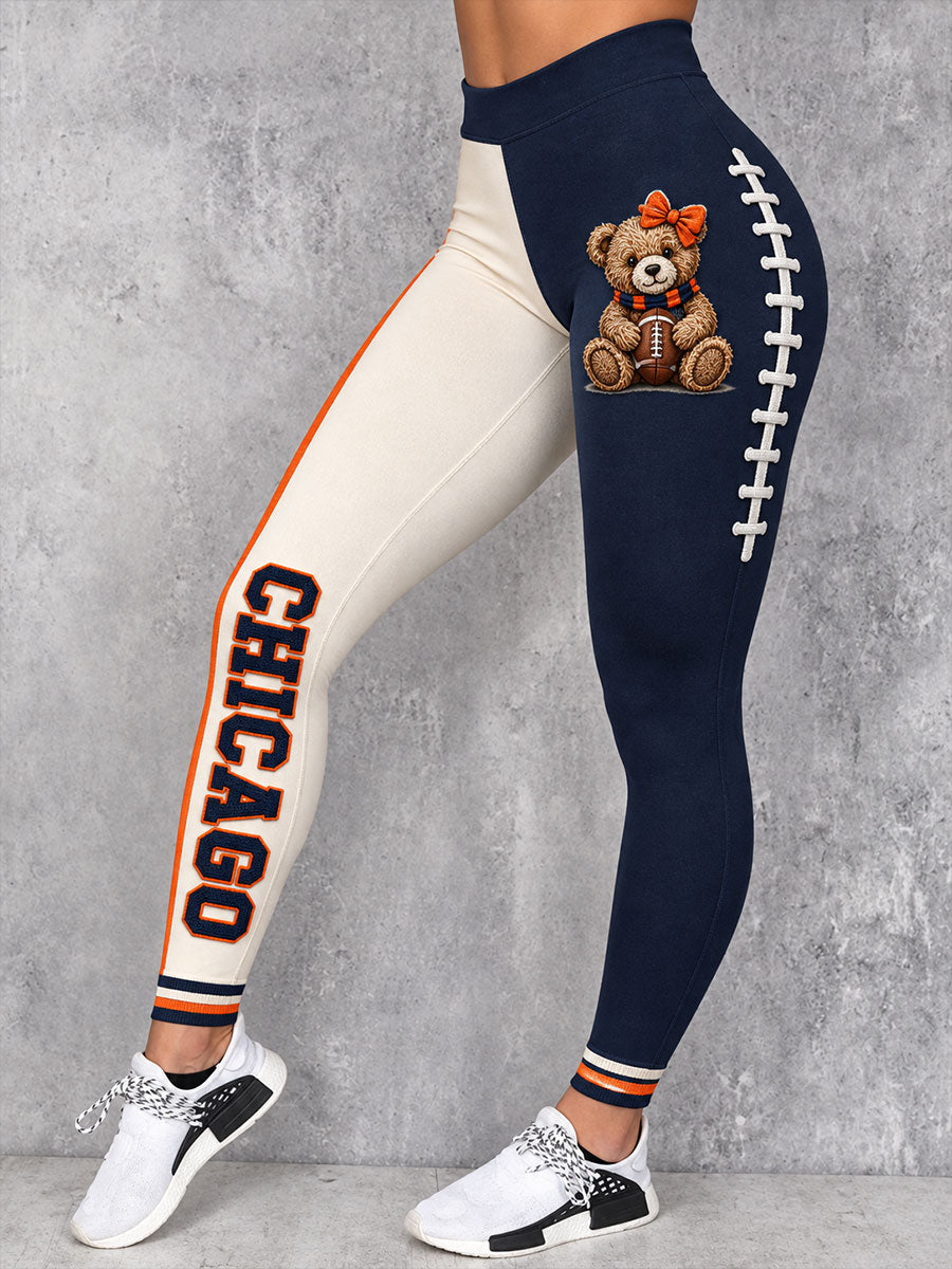 Women's Chicago Football Lover Bear Art Printed Leggings gracestitchs