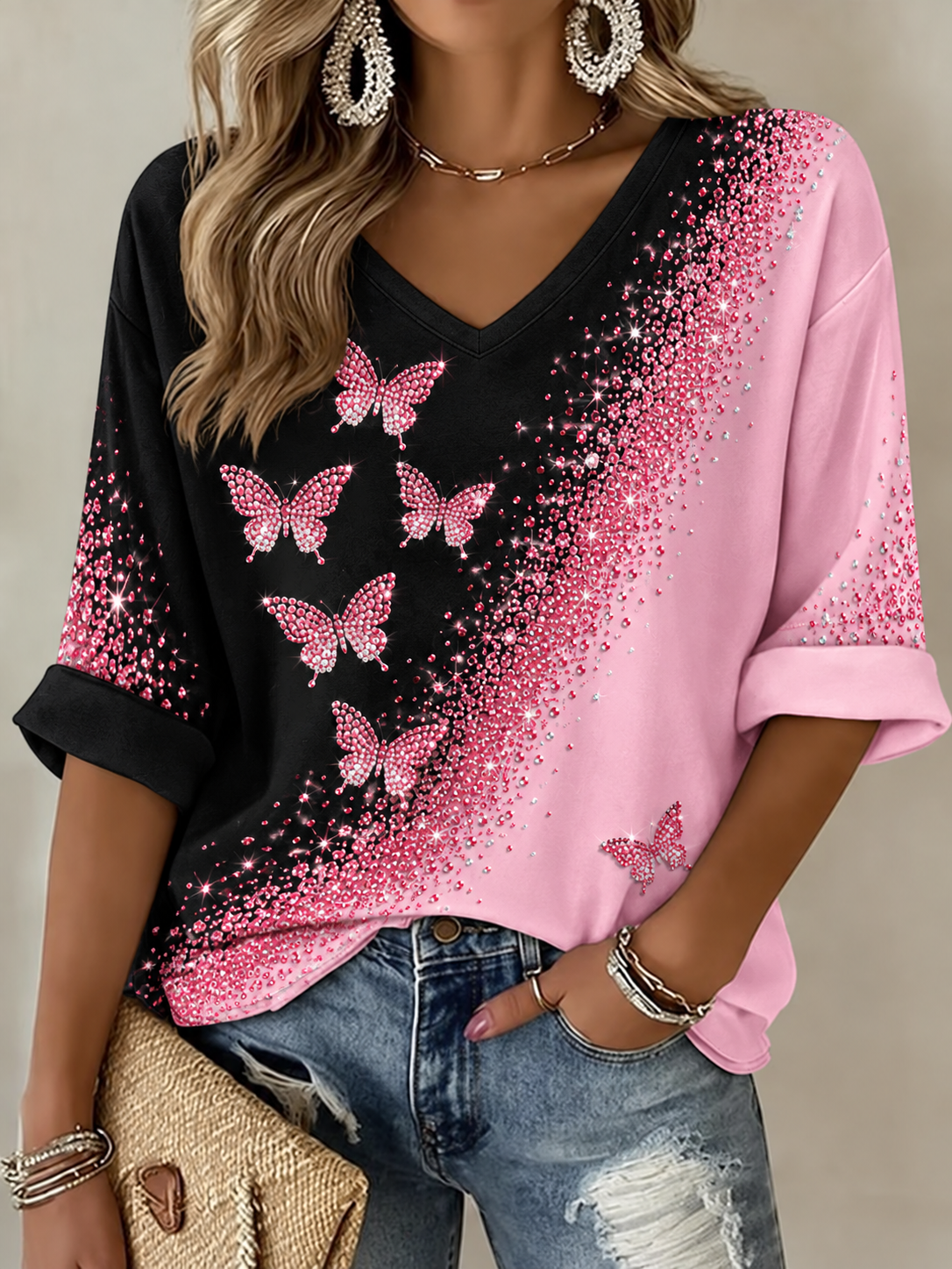 Women's Breast Cancer Mid-length Sleeves V-Neck T-Shirt gracestitchs