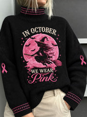Women's In October We Wear Pink Witch Print Sweater gracestitchs