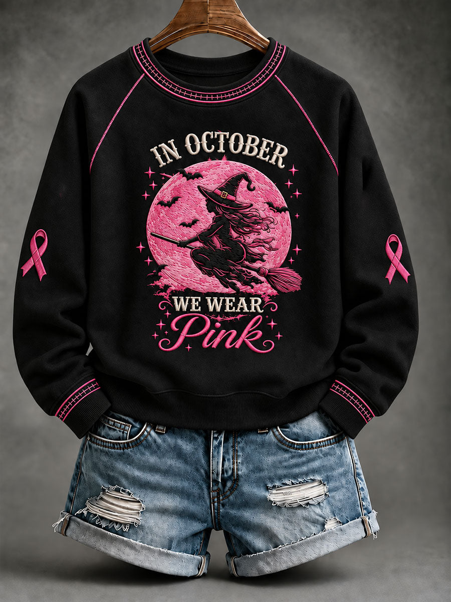 Women's In October We Wear Pink Witch Print Sweatshirt gracestitchs