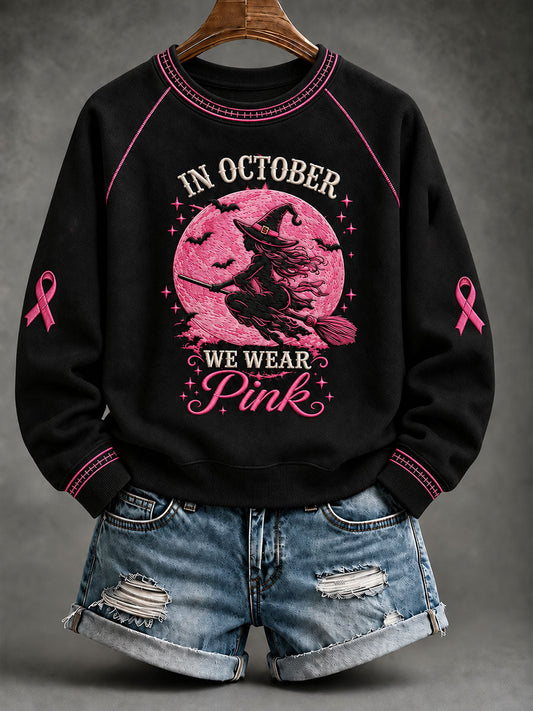 Women's In October We Wear Pink Witch Print Sweatshirt gracestitchs