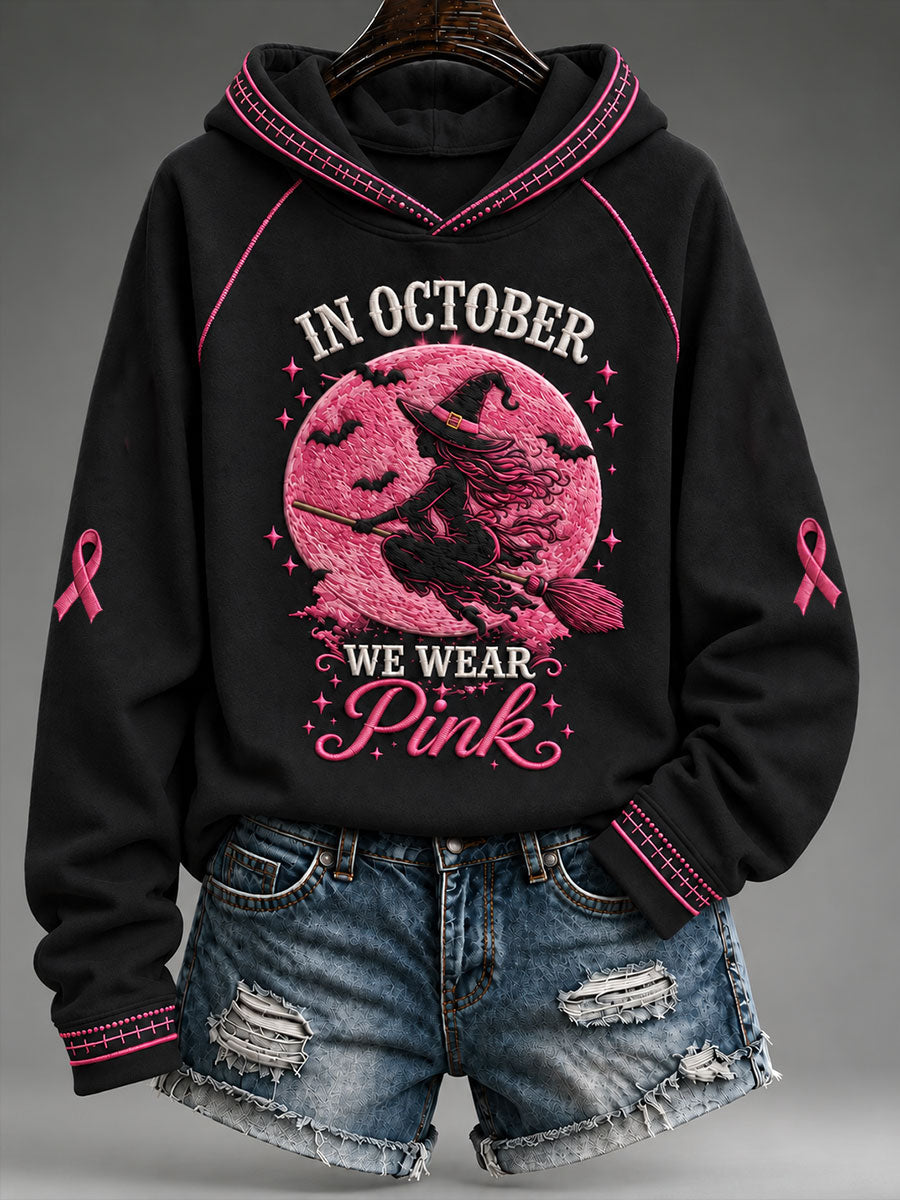 Women's In October We Wear Pink Witch Print Hooded Sweatshirt gracestitchs