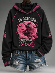 Women's In October We Wear Pink Witch Print Hooded Sweatshirt gracestitchs