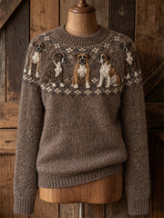 Women's Vintage Boxer Dogs Yoke Isle Print crew neck sweater gracestitchs