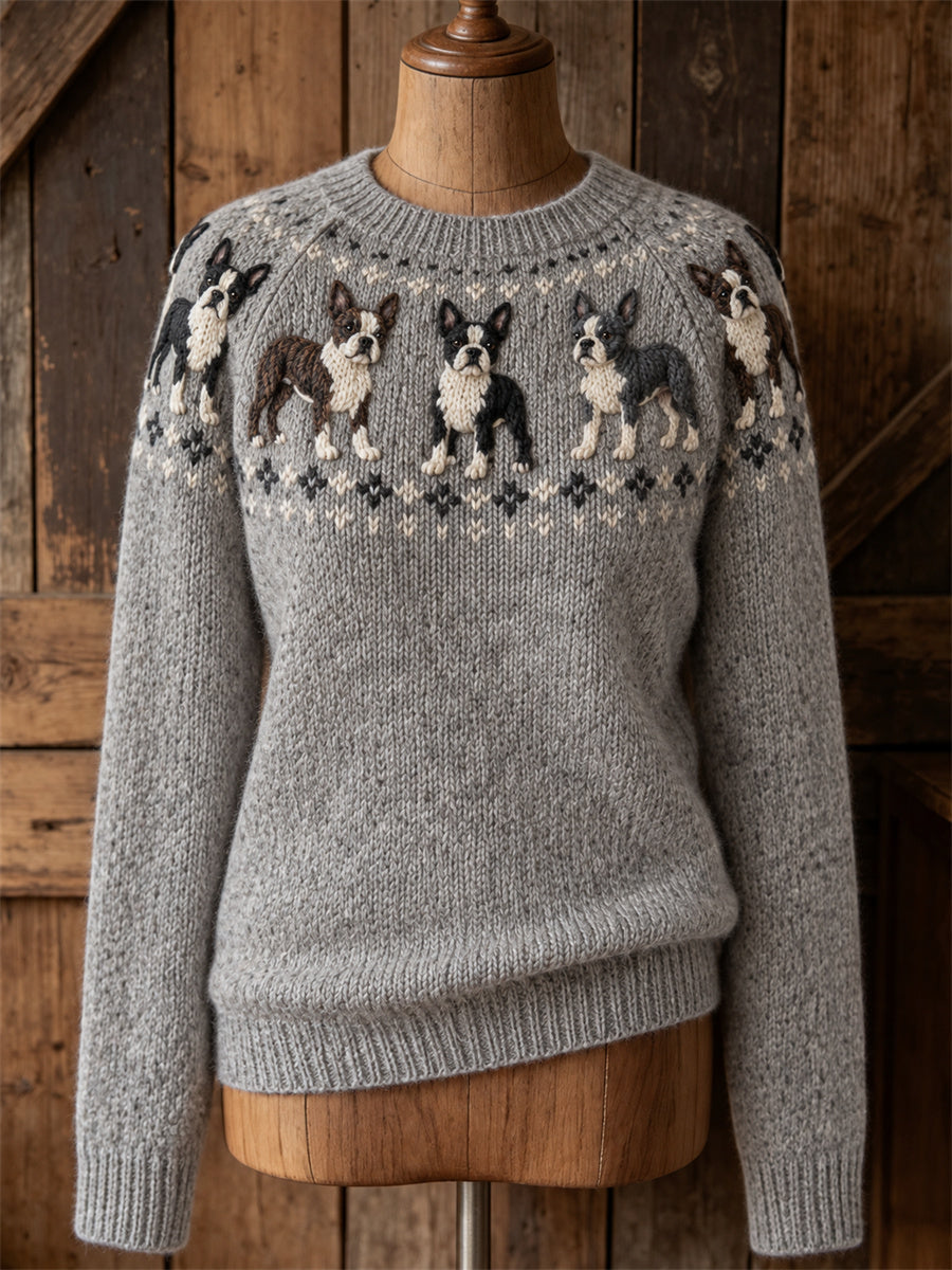 Women's Vintage Boston Terrier Dogs Yoke Isle Print crew neck sweater gracestitchs