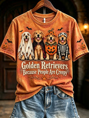 Women's Golden Retrievers Because People Are Creepy Halloween Print Short-sleeved T-shirt gracestitchs