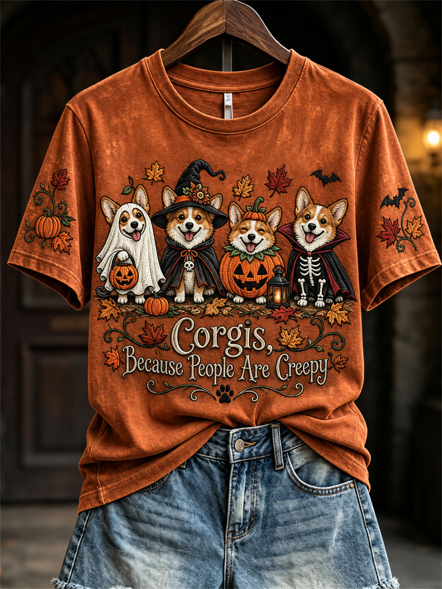 Women's Corgis Because People Are Creepy Fall Halloween Dogs Print short-sleeved T-shirt gracestitchs