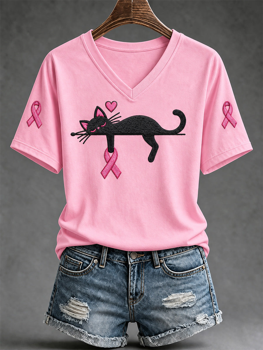 Women's Breast Cancer Awareness Support Print V-Neck Tee gracestitchs