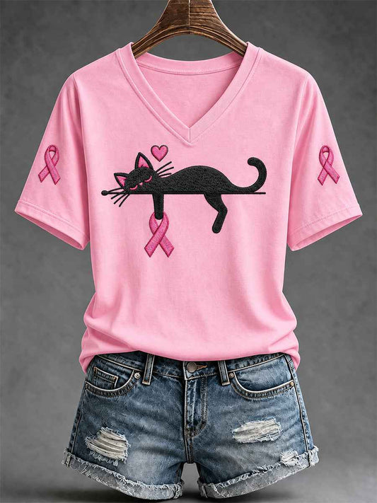 Women's Breast Cancer Awareness Support Print V-Neck Tee