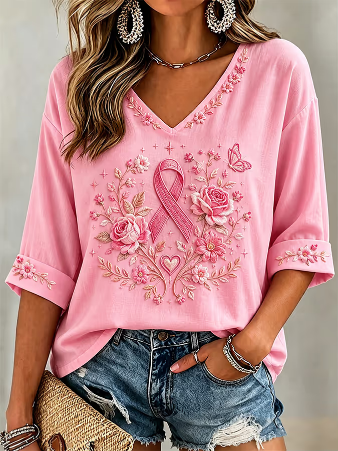 Women's Breast Cancer Mid-length Sleeves V-Neck T-Shirt gracestitchs