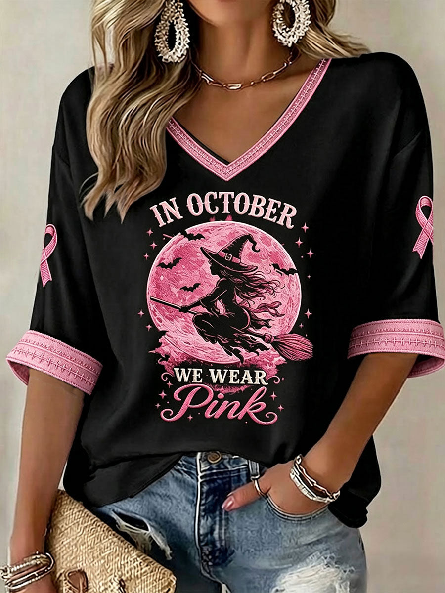 Women's In October We Wear Pink Halloween Witch Mid-length Sleeves V-Neck T-Shirt gracestitchs