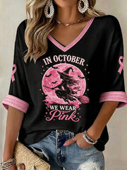 Women's In October We Wear Pink Halloween Witch Mid-length Sleeves V-Neck T-Shirt gracestitchs