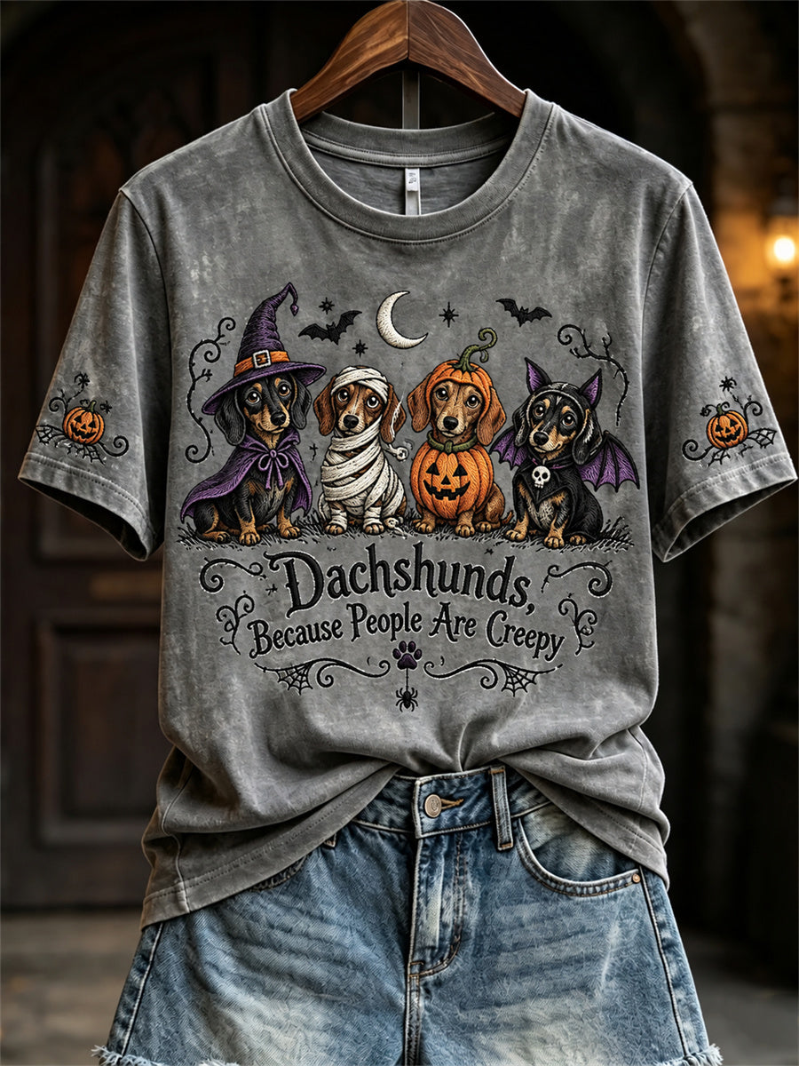 Women's Dachshunds Because People Are Creepy Halloween Dogs Print short-sleeved T-shirt gracestitchs