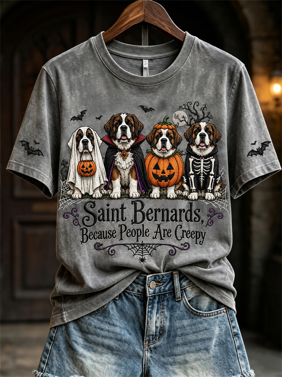 Women's Saint Bernards Because People Are Creepy Halloween Dogs Print short-sleeved T-shirt gracestitchs