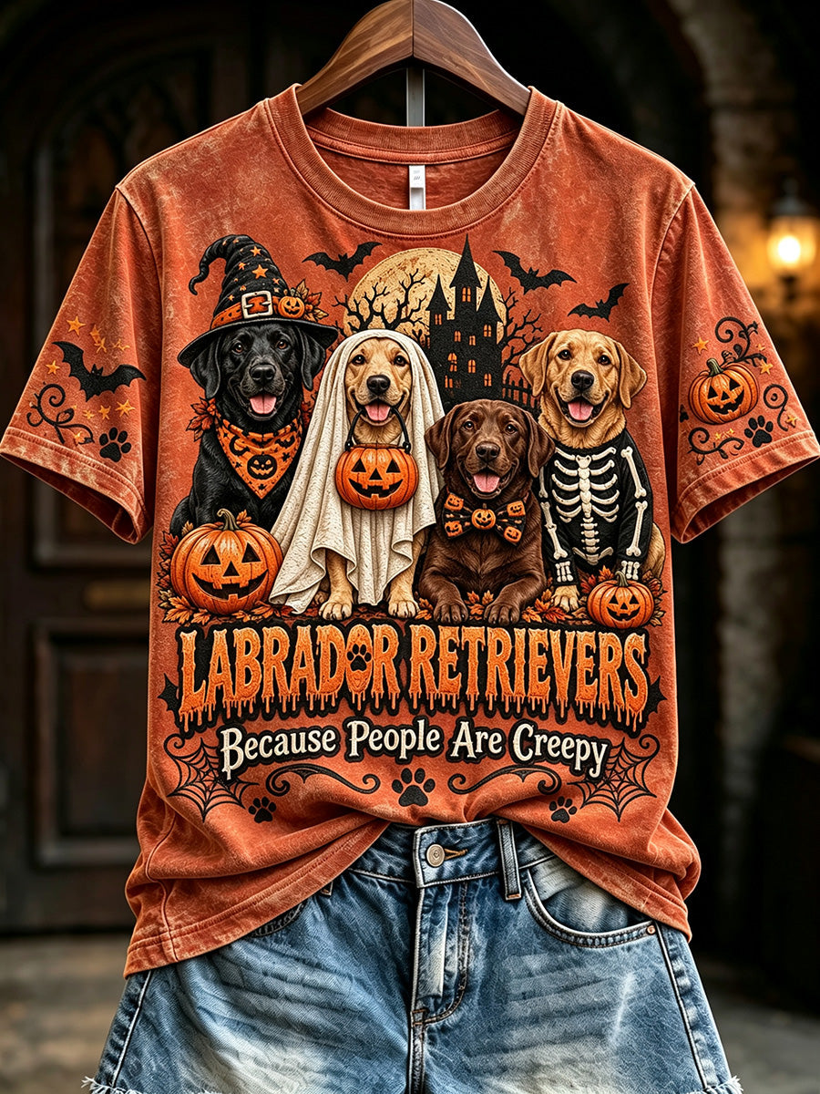 Women's Vintage Halloween Labradors Because People Are Creepy Print Short-sleeved T-shirt gracestitchs