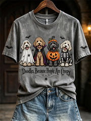 Women's Doodles Because People Are Creepy Halloween Dogs Print short-sleeved T-shirt gracestitchs