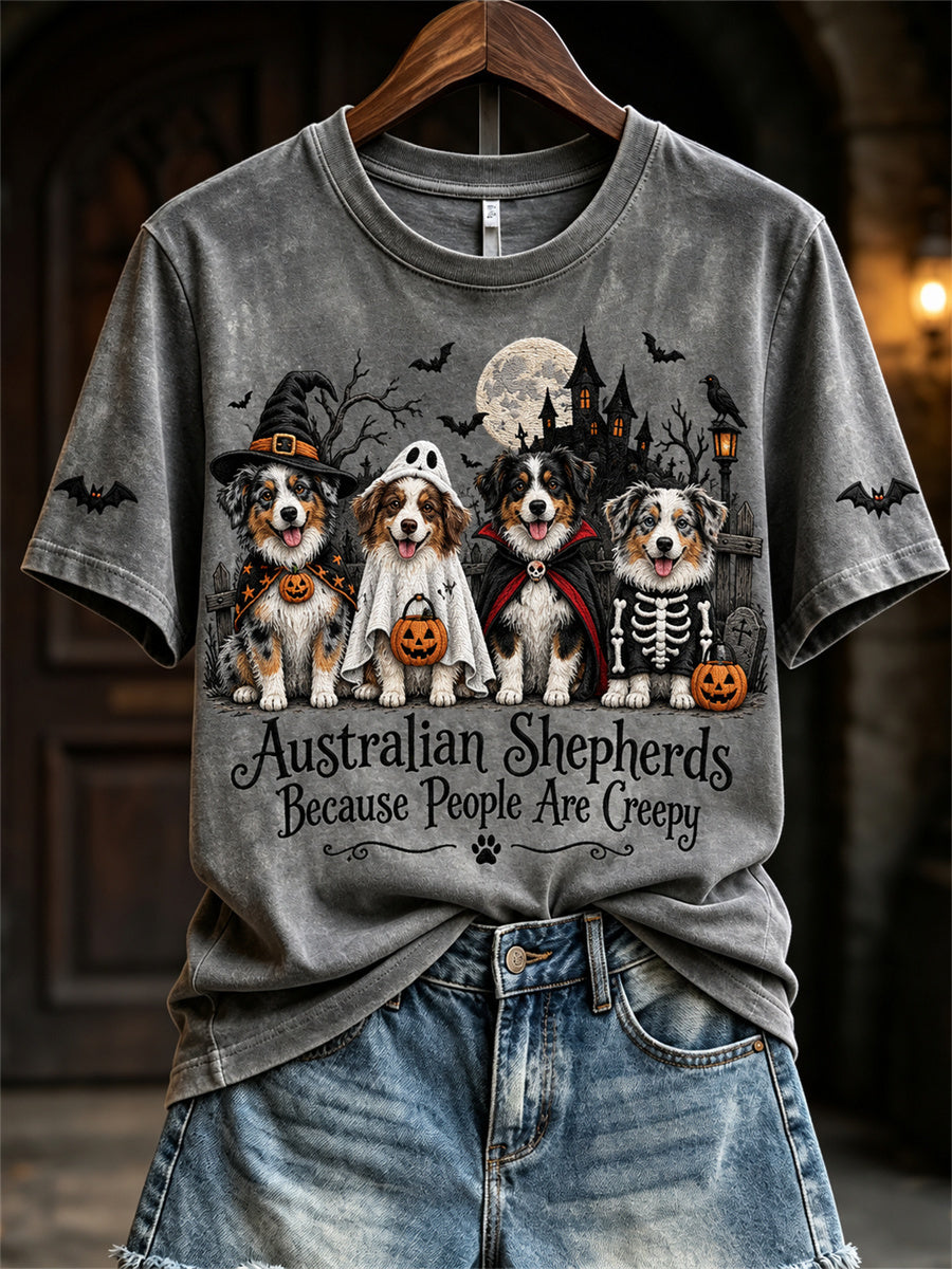 Women's Australian Shepherds Because People Are Creepy Halloween Dogs Print short-sleeved T-shirt gracestitchs