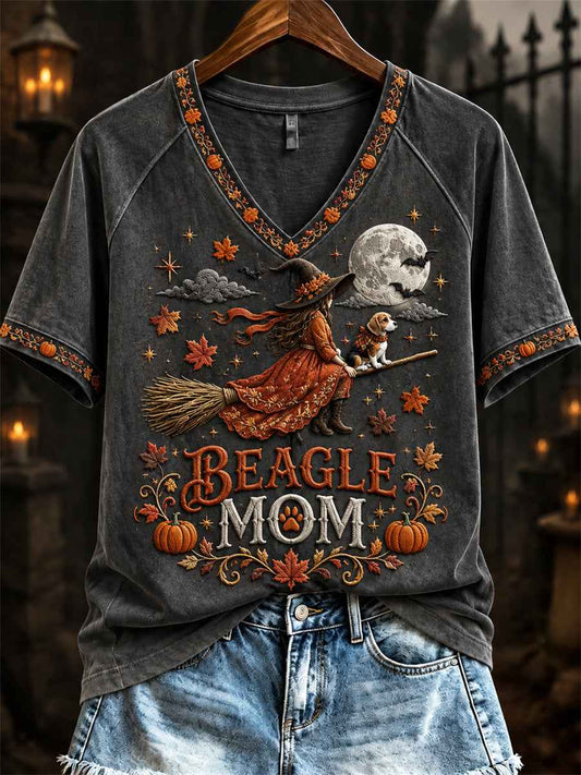Women's Halloween Fall Beagle Mom Witch & Dog Print short-sleeved T-shirt