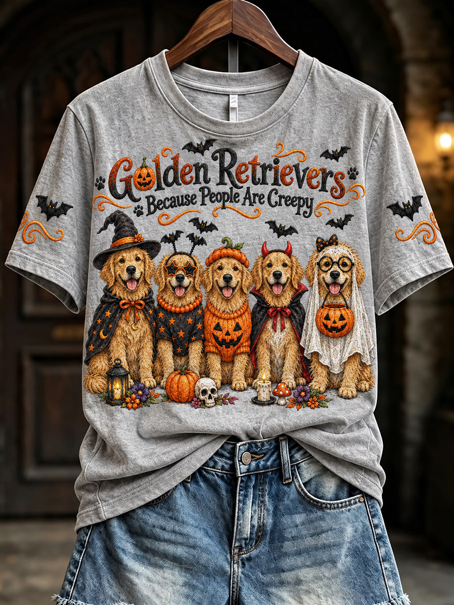 Women's Golden Retrievers Because People Are Creepy Halloween Print Short-sleeved T-shirt gracestitchs