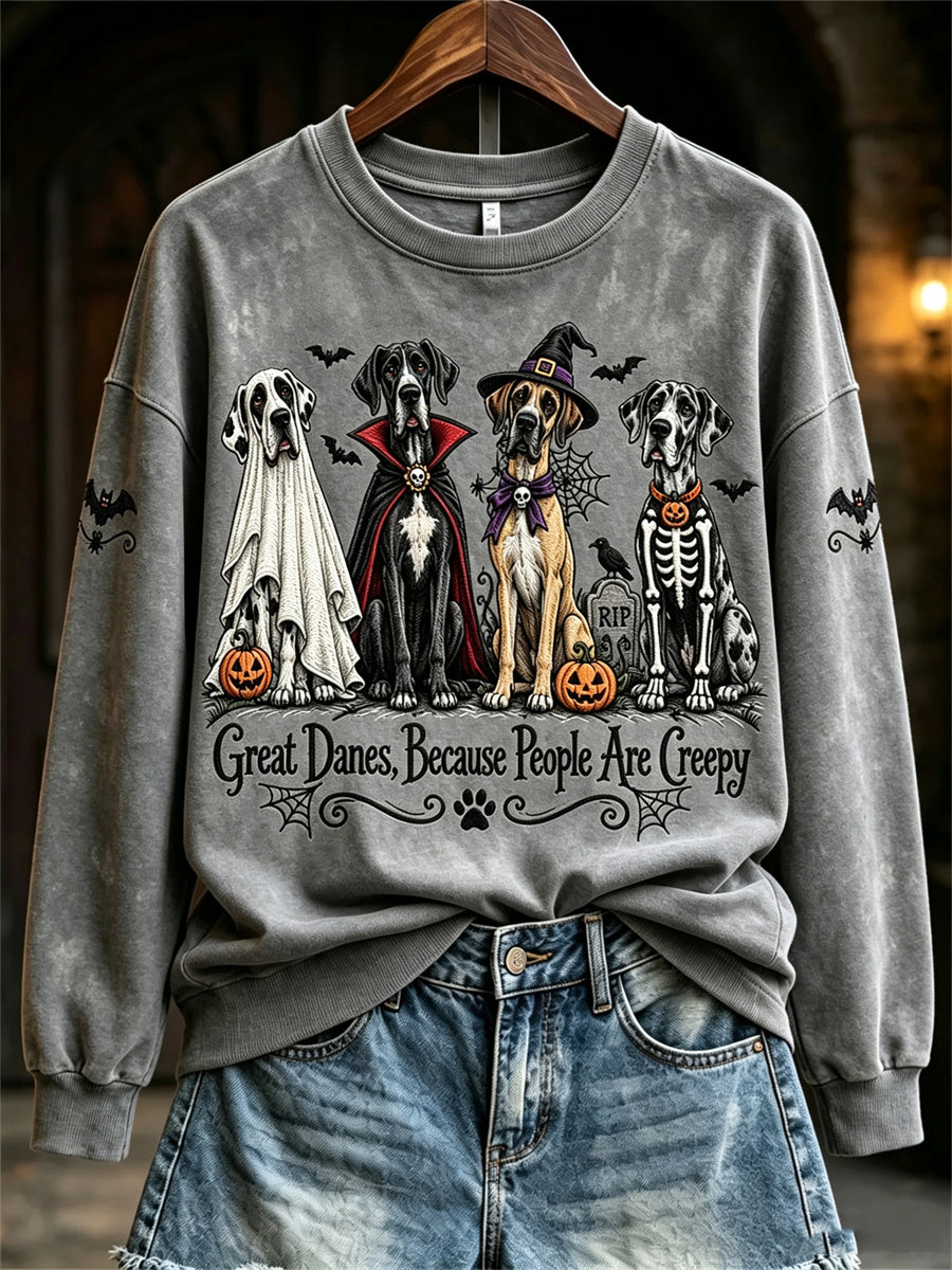 Women's Great Danes Because People Are Creepy Halloween Dogs Print Sweatshirt gracestitchs