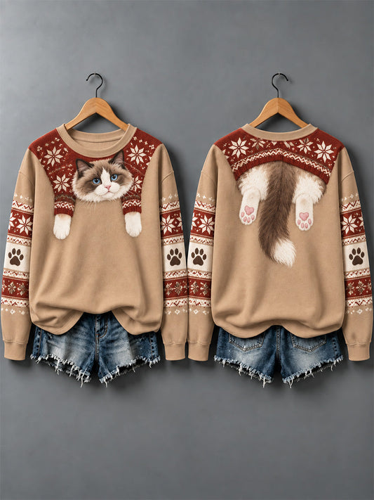Women's Cute Cats In Autumn And Winter Print Sweatshirt gracestitchs