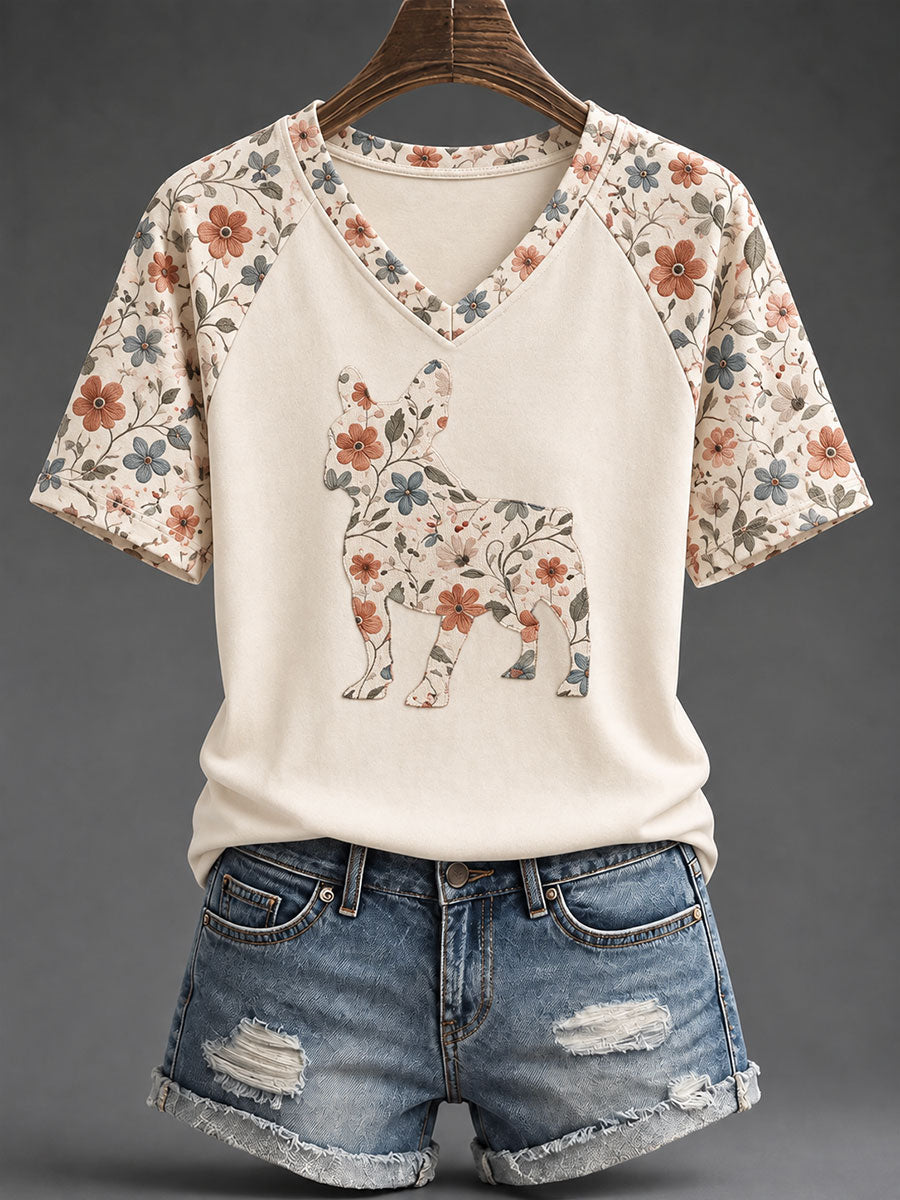 Women's French Bulldog Floral Print Casual T-Shirt gracestitchs