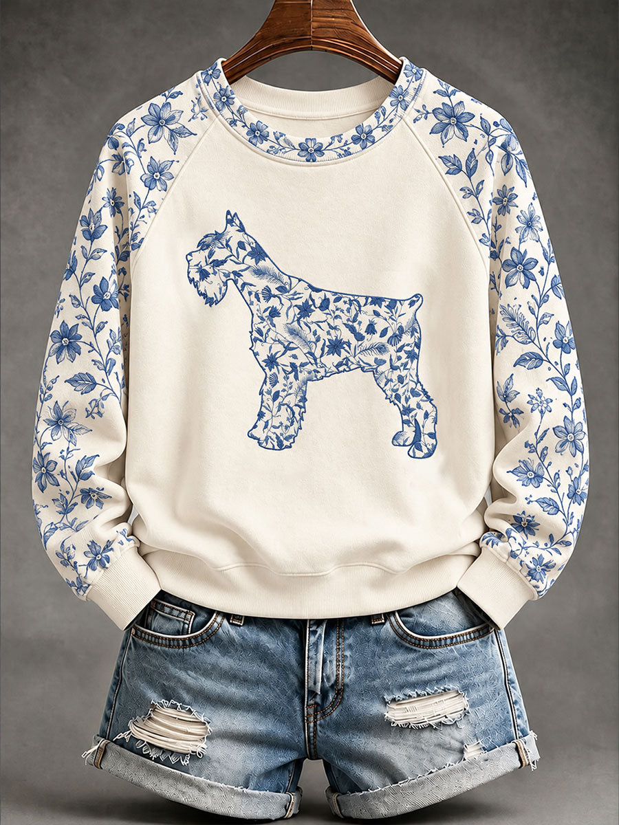 Women's Schnauzer Chinese-style floral print sweatshirt gracestitchs