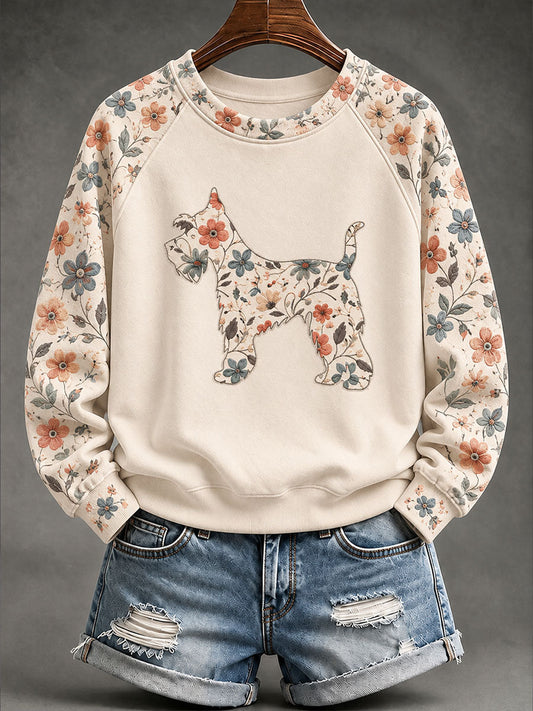 Women's Schnauzer Floral Print Casual Raglan Sleeve Sweatshirt gracestitchs